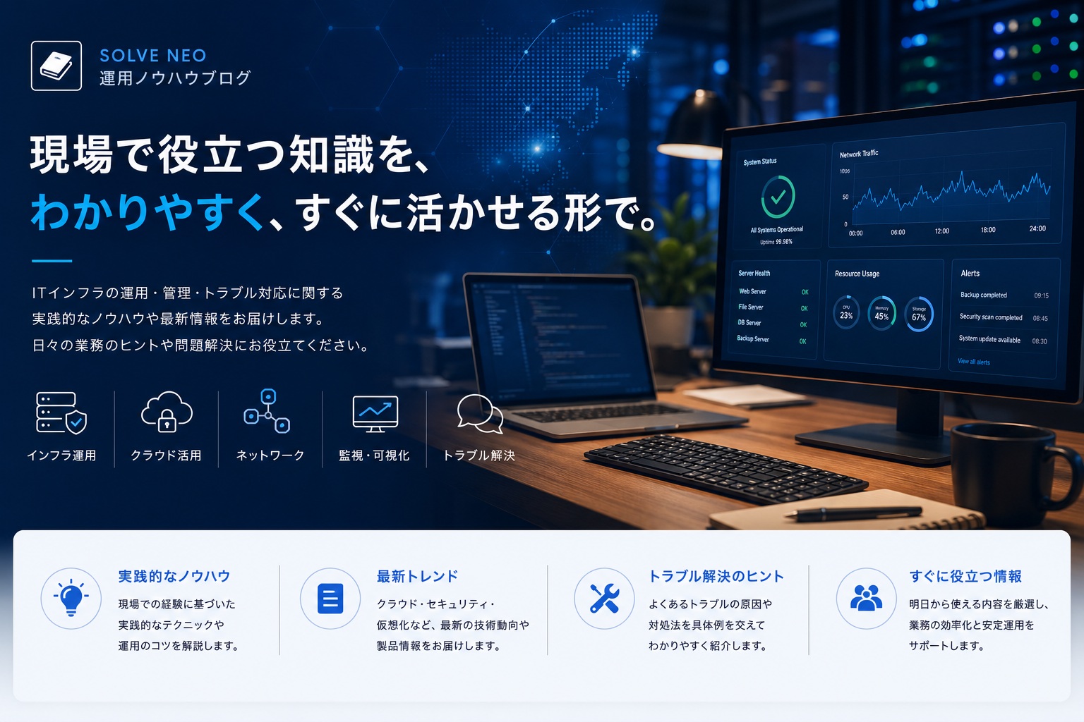 監視画面、ログ分析、ネットワーク機器でITインフラ運用を表すイメージ